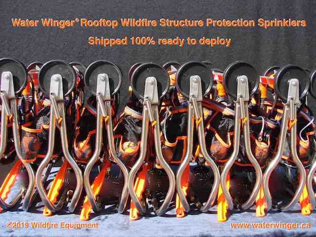 Water Winger rooftop sprinkler frames arranged for a professional six-kit deployment