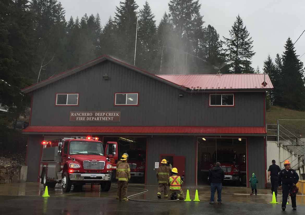 Ranchero Deep Creek Fire Department testing Water Winger rooftop sprinklers during structure protection training