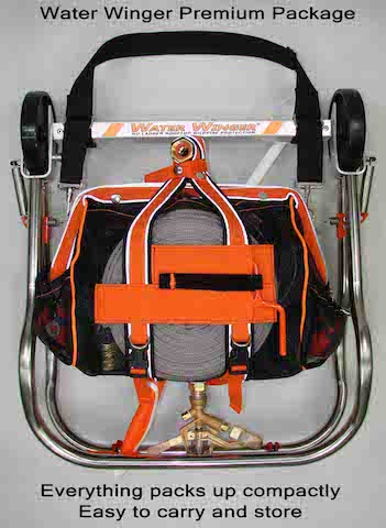 Folded Water Winger rooftop sprinkler kit prepared for storage