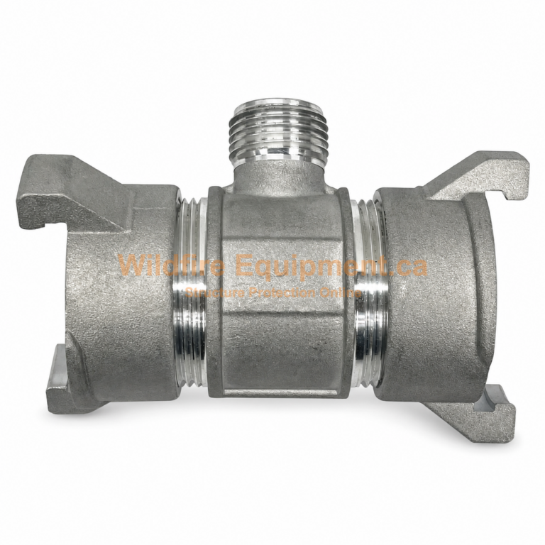 1.5-inch aluminum inline T with forestry quick-lock ends on white background