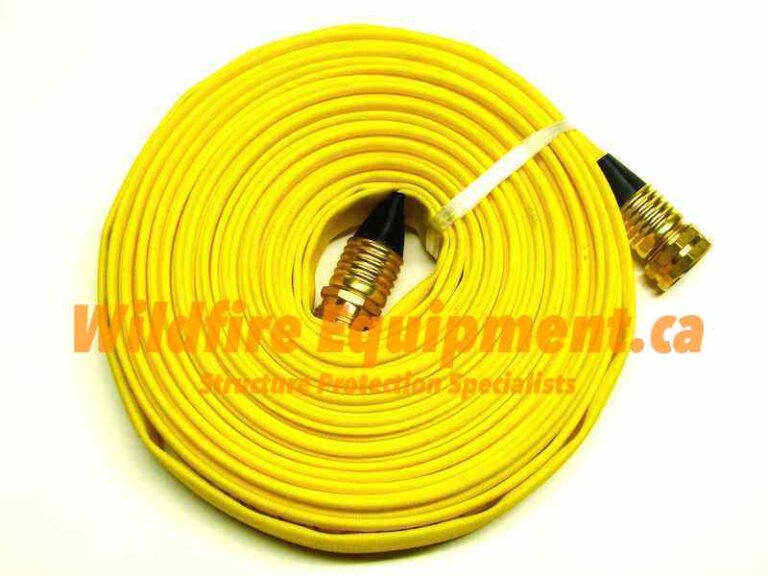 3/4-inch by 50-foot yellow lay-flat fire hose with garden hose ends for a wildfire structure protection loop