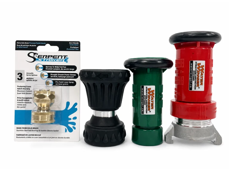 Four wildfire fire-hose nozzles in brass, black, green and red for flow and fog-pattern comparison