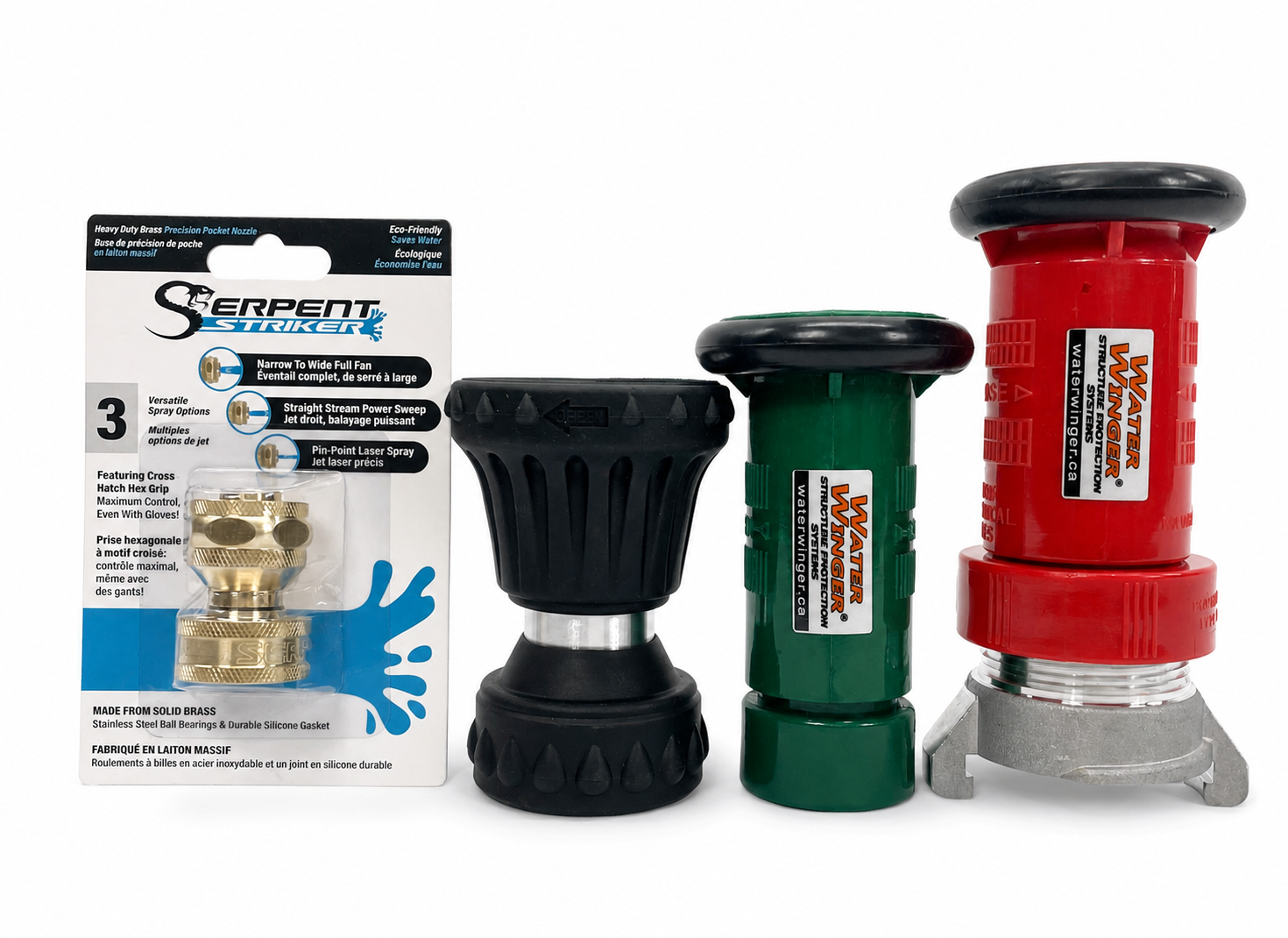 Bright nozzle size comparison showing brass garden-hose nozzle and three fire fog nozzles
